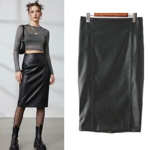 Y2K VTG Black Faux Leather High Waist Corp Goth Midi Pencil Skirt XL